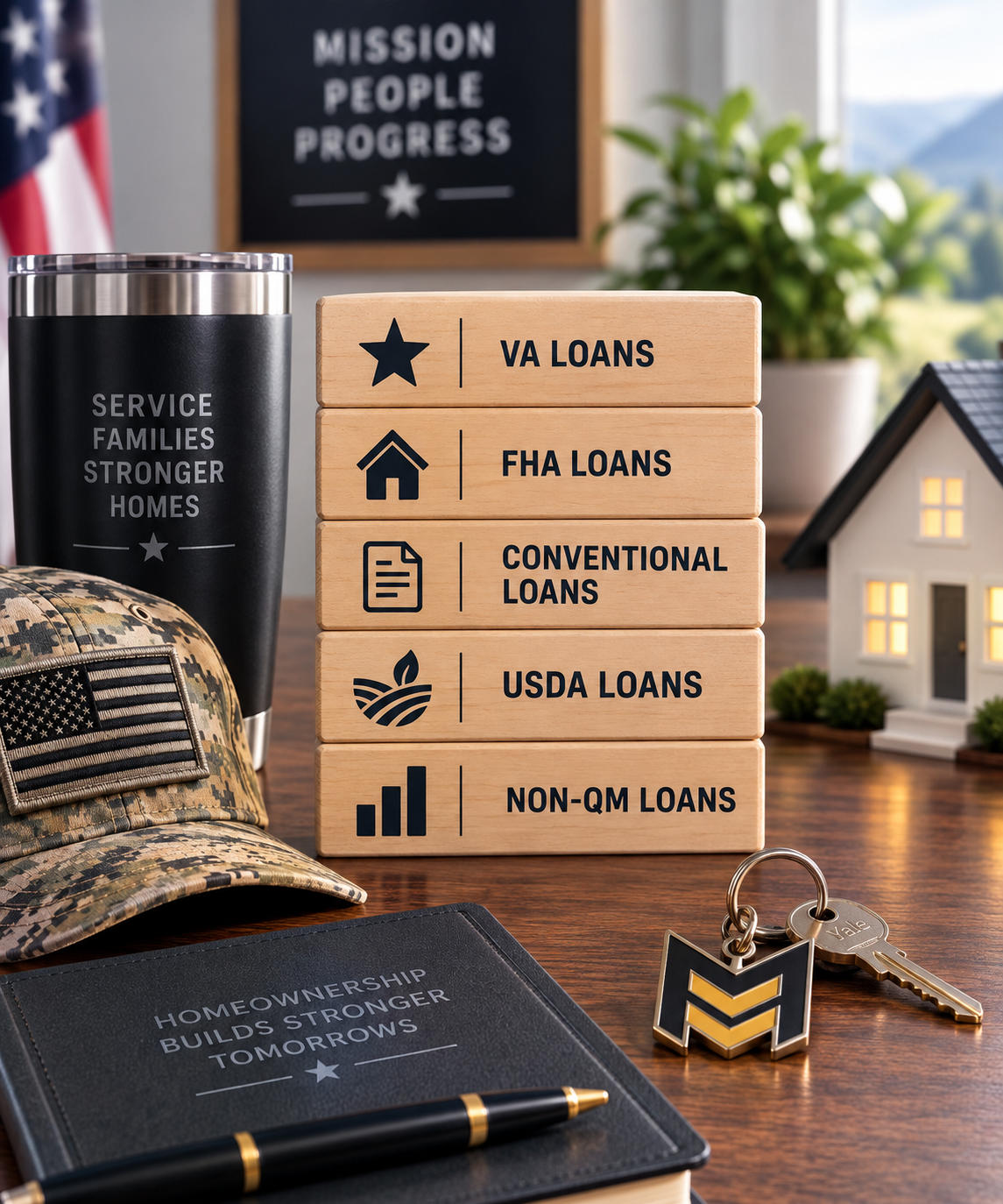 Military mortgage loan program options including VA, FHA, Conventional, USDA, and Non-QM
