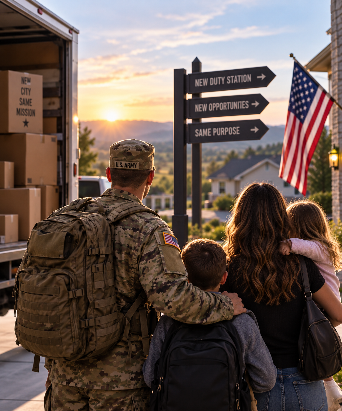 A military family arriving at their new duty station during a PCS move