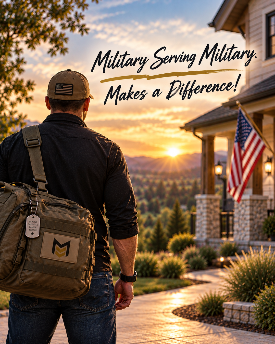 A veteran carrying a tactical bag, looking toward a home at sunset