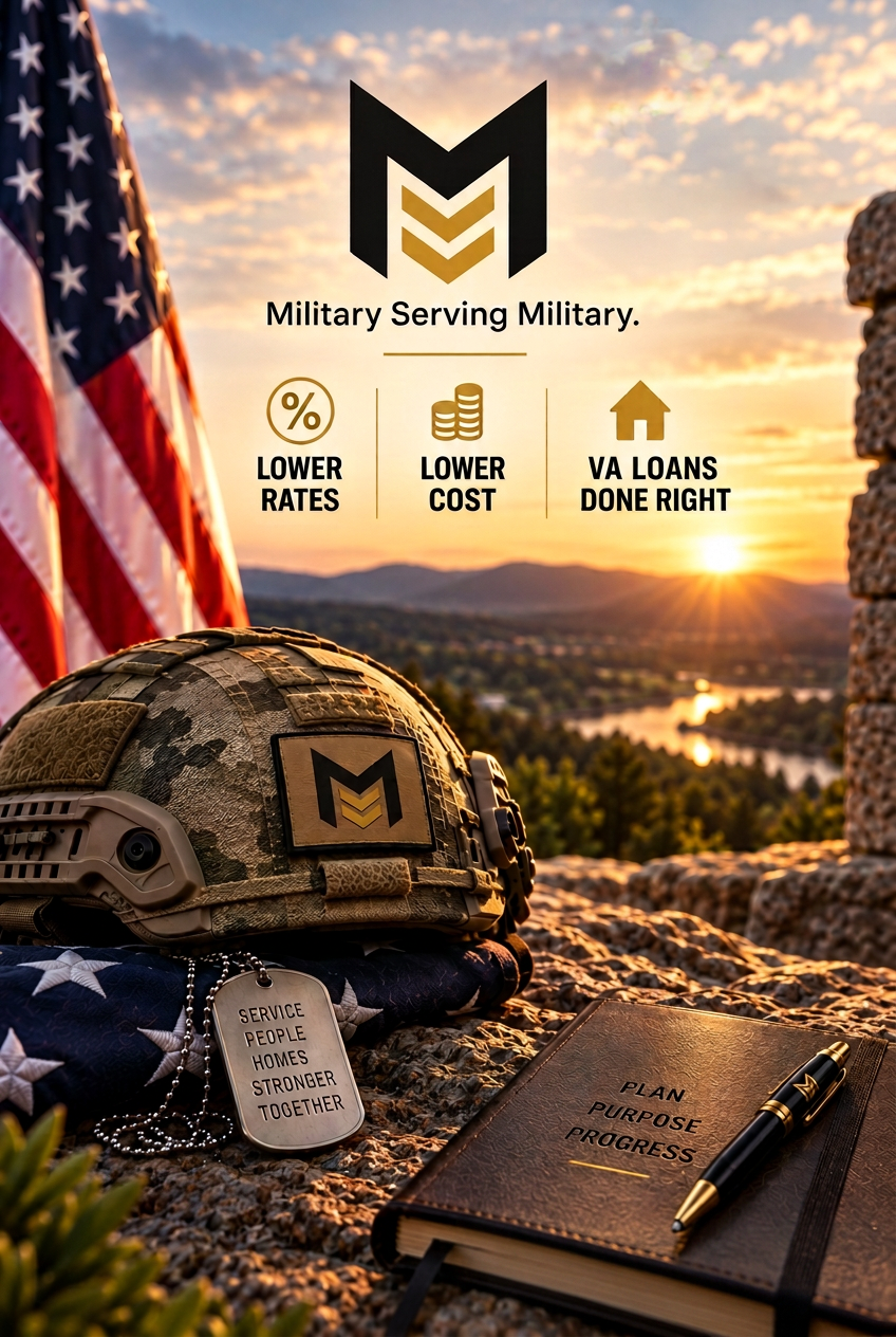 Military Mortgage: helmet, folded American flag, dog tags, and mission notebook — Built for Military Families by Veterans.
