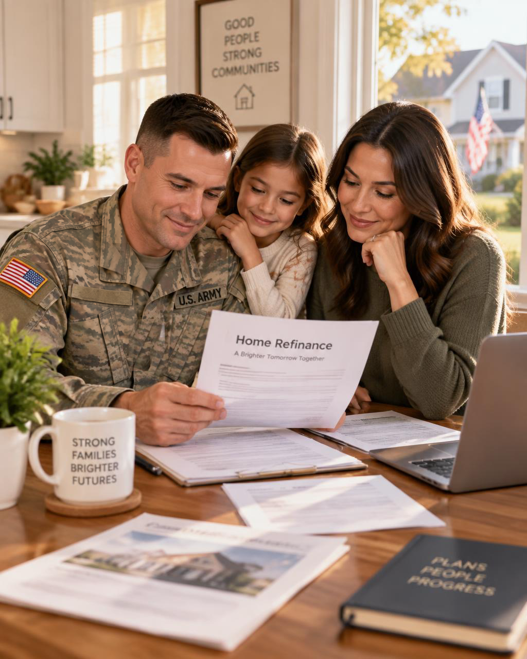 A military family reviewing refinance paperwork together at their kitchen table
