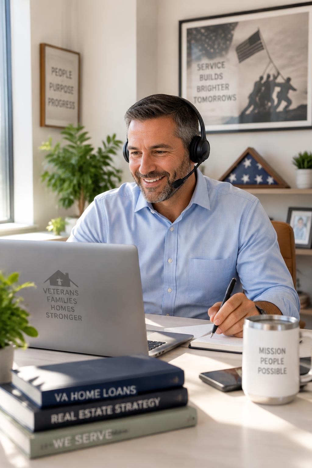 A loan officer wearing a headset taking a scheduled call at a bright office desk