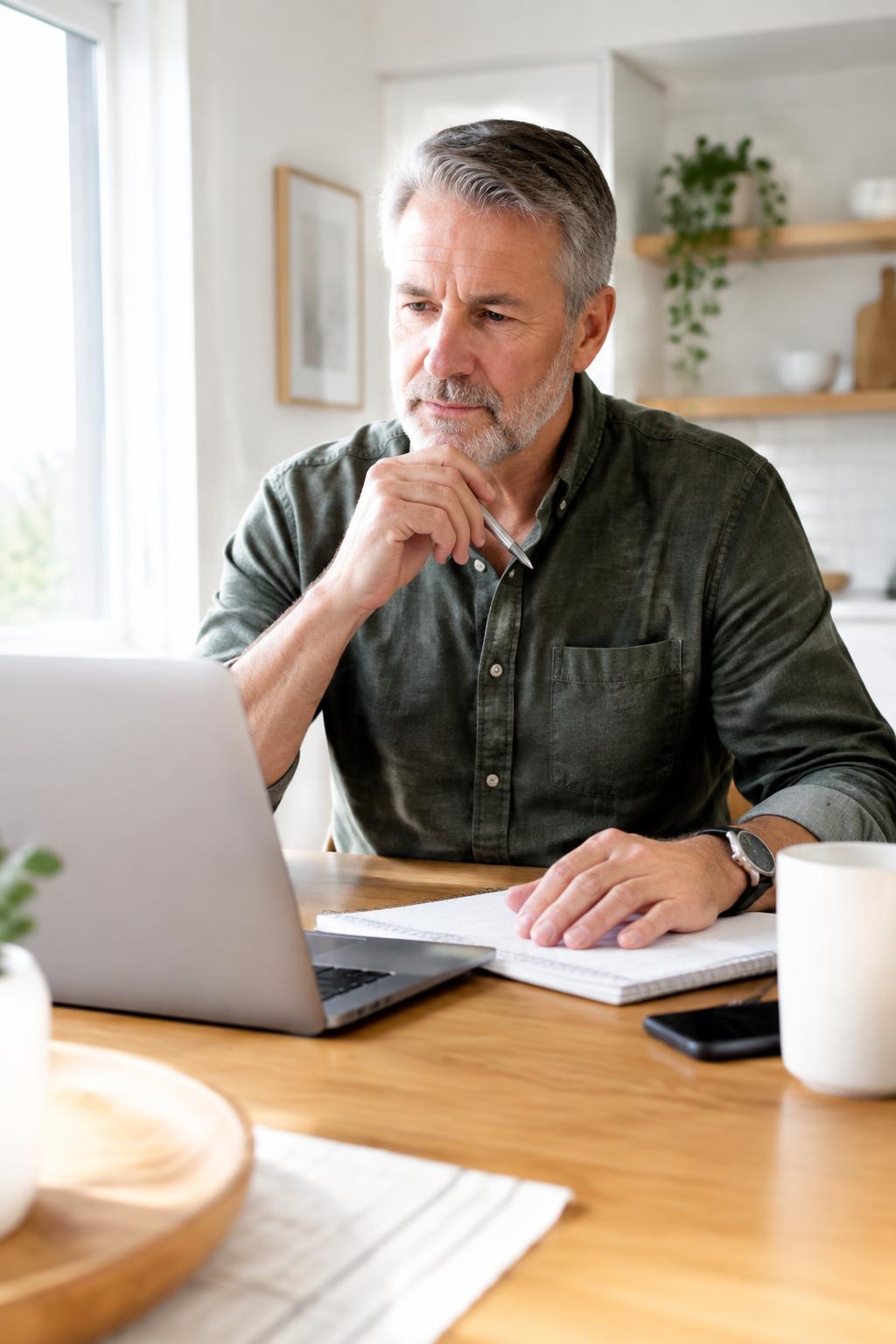 A veteran reviewing a credit report at a kitchen table with a notebook