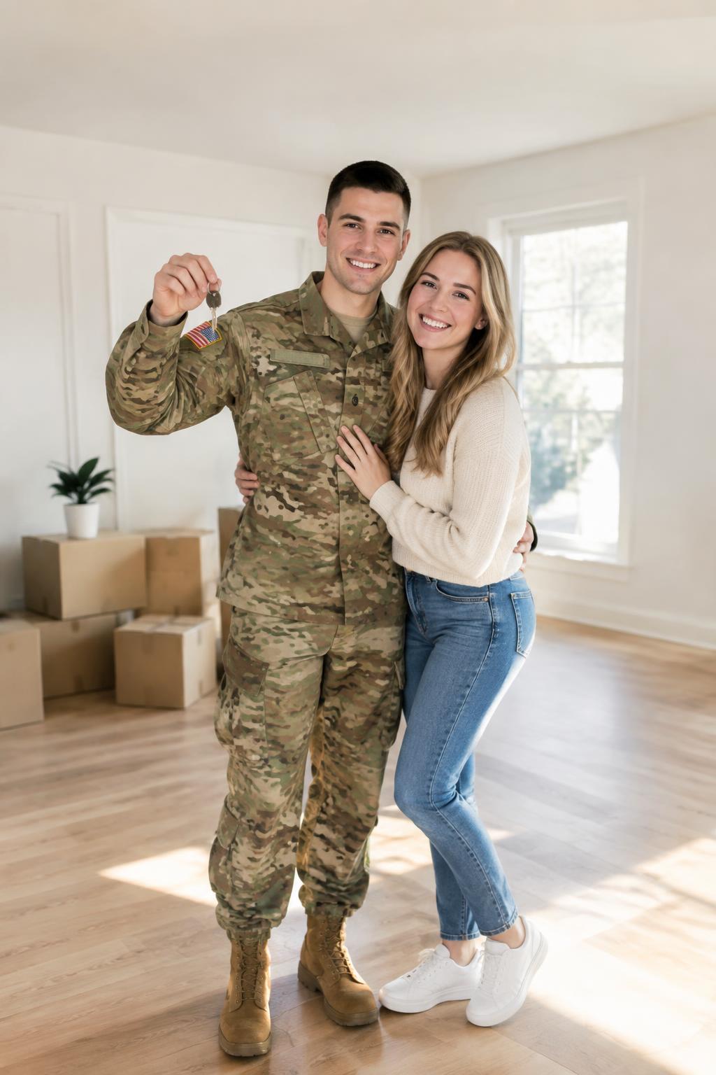 A young military couple unpacking boxes in their first home